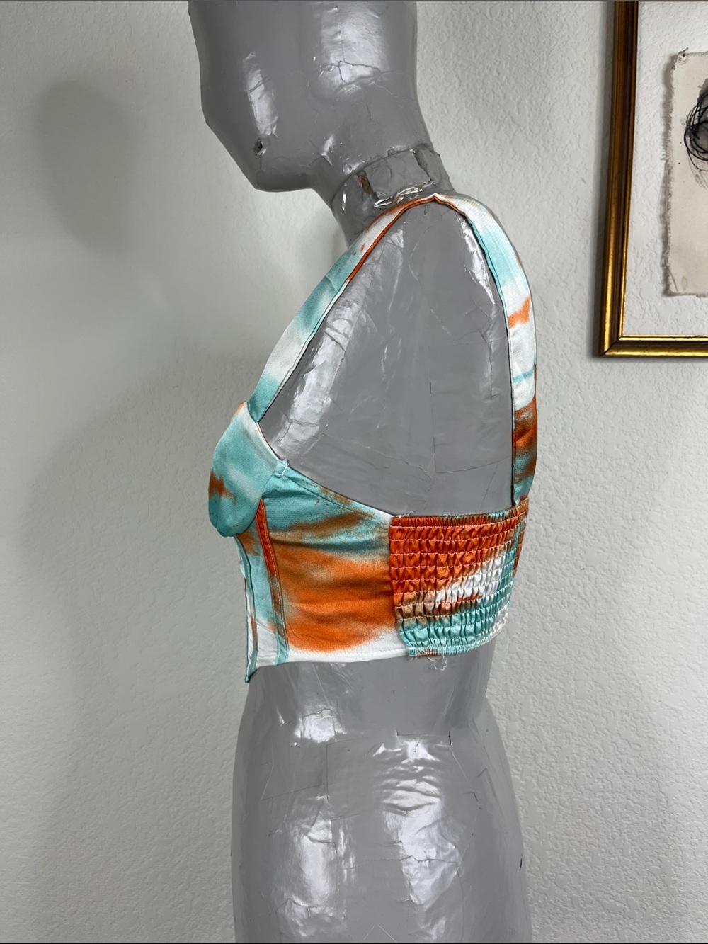Cider Refreshing Summer Corset Satin Crop Top in Aqua & Orange Tie Dye - Picture 3 of 6